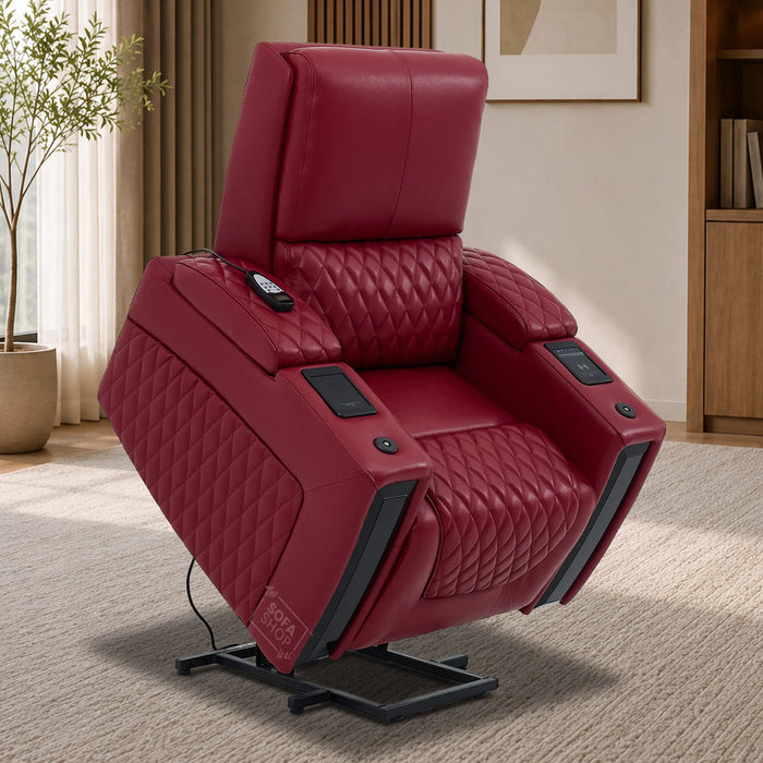 Riser Recliner Chair in Red Real Leather | Hi-Tech Armchair with Dual Motor Lift + Vibration Massage+ Heated Lumbar + Cooling, Heating Cupholders + Power Headrest | Assisi | The Sofa Shop