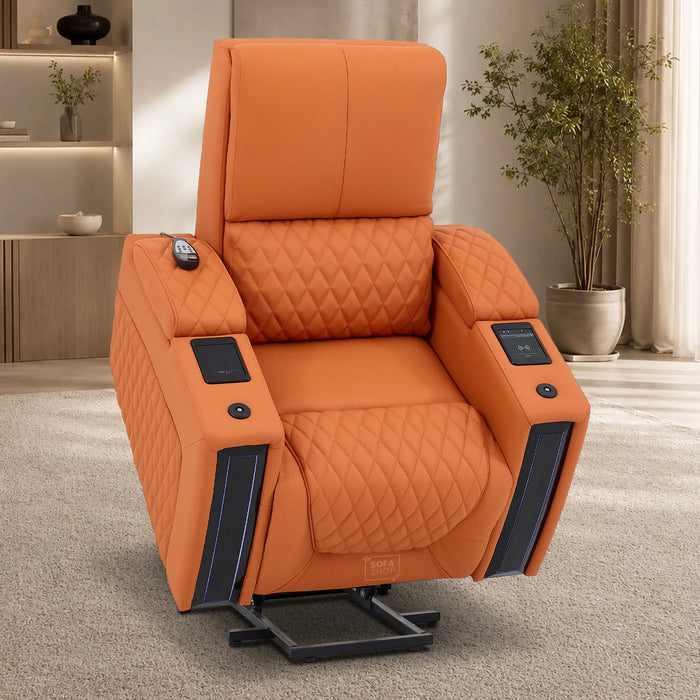 1 Seater Electric Dual Lift Riser Cinema Chair | Power Recline, Heated Lumbar + Massage & Cooling & Heating Cup Holders | Orange Real Leather Riser Armchair with Tray Tables | Assisi | The Sofa Shop
