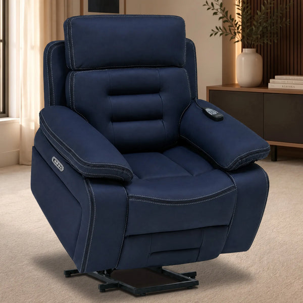 Electric Riser Chair In Blue Fabric | Hi-Tech Recliner Armchair With Vibration Massage + Heated Lumbar + Cooling Cup Holder + Power Headrest | Tuscany | The Sofa Shop