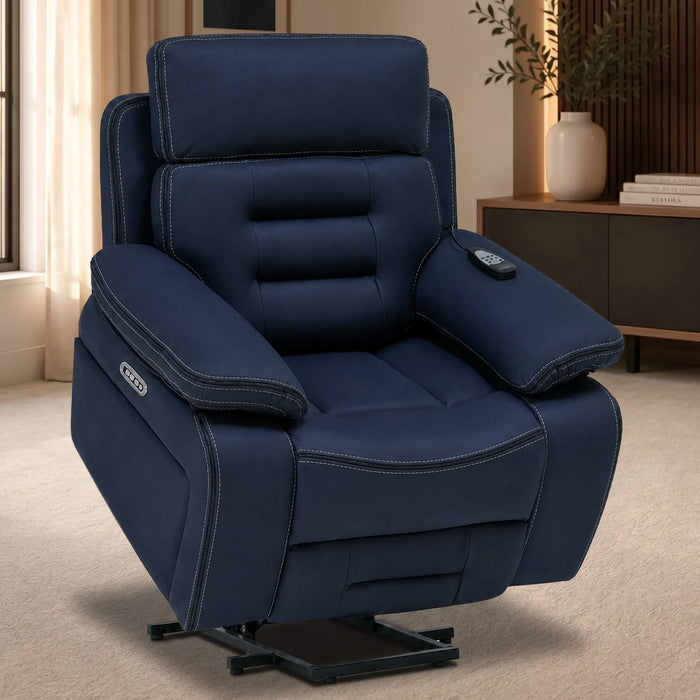 Electric Riser Chair In Blue Fabric | Hi-Tech Recliner Armchair With Vibration Massage + Heated Lumbar + Cooling Cup Holder + Power Headrest | Tuscany | The Sofa Shop