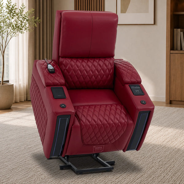 Riser Recliner Chair in Red Real Leather | Hi-Tech Armchair with Dual Motor Lift + Vibration Massage+ Heated Lumbar + Cooling, Heating Cupholders + Power Headrest | Assisi | The Sofa Shop