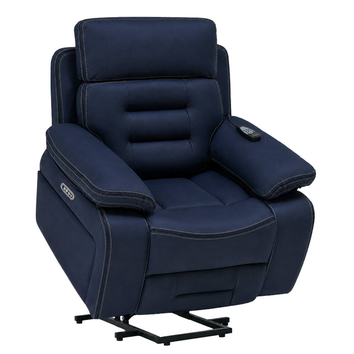 Electric Riser Chair In Blue Fabric | Hi-Tech Recliner Armchair With Vibration Massage + Heated Lumbar + Cooling Cup Holder + Power Headrest | Tuscany | The Sofa Shop