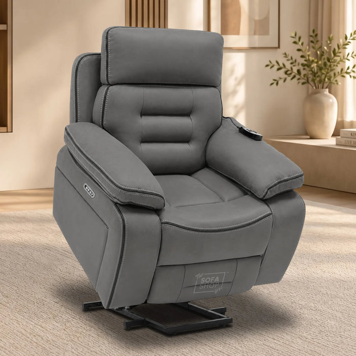 Electric Riser Chair In Graphite Grey Fabric | Hi-Tech Recliner Armchair With Vibration Massage + Heated Lumbar + Cooling Cup Holder + Power Headrest | Tuscany | The Sofa Shop