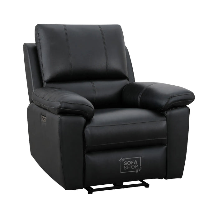 1 Seater Electric Recliner Chair In Black Real Leather | Hi-Tech Cinema Armchair With Power Recline + USB-C Charging + Padded Armrests + Lower Back Cushioning + Wall Hugging Design | Trento | The Sofa Shop