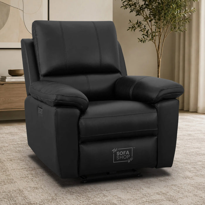 3+1 Electric Recliner Sofa Set In Black Real Leather | Recliner Sofa Suite With Power Recline + Drop-Down Table + Cup Holders + USB-C Charging | Trento | The Sofa Shop