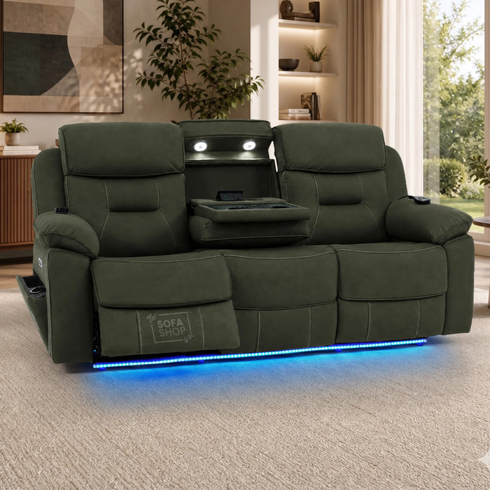 3+2 Piece Electric Home Cinema Sofa Set | Fabric Couch Suite In Green | Hi-Tech Sofa Set With Vibration Massage+ Heated Lumbar + Power Grommets +Bluetooth Speakers & Multi-Link | Florence | The Sofa Shop