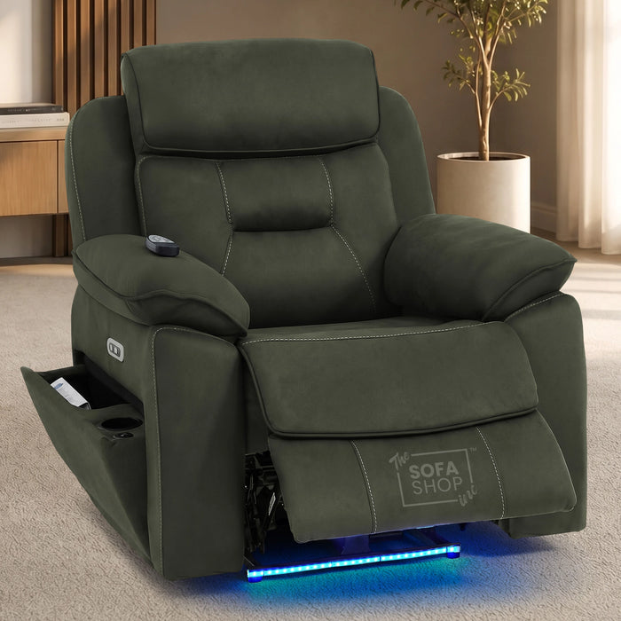 1 Seater Electric Recliner Chair in Green Fabric | Hi-Tech Chair with Vibration Massage + Heated Lumbar + Power Headrest + Power Grommet + USB+C Charging | Florence | The Sofa Shop