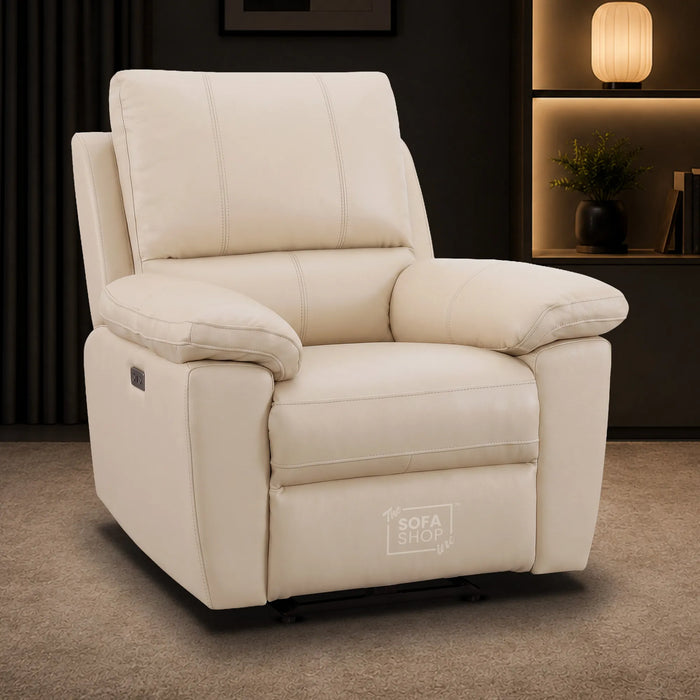 3+1 Electric Recliner Sofa Set In Cream Real Leather | Recliner Sofa Suite With Power Recline + Drop-Down Table + Cup Holders + USB-C Charging | Trento | The Sofa Shop
