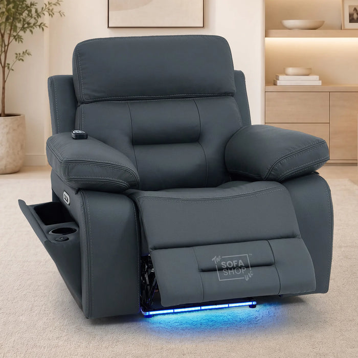 1 Seater Cinema Chair in Grey Genuine Leather | Hi-Tech Cinema Chair with Power Recline + Power Headrest + Vibration Massage + Heated Lumbar+ Power Grommet | Sicily | The Sofa Shop
