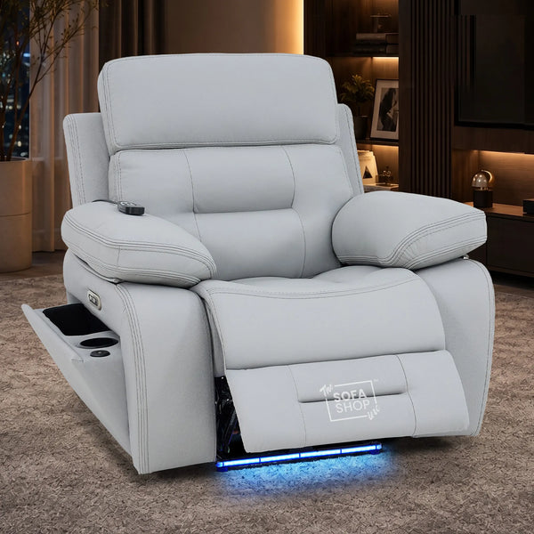 1 Seater Cinema Chair in Light Grey Genuine Leather | Hi-Tech Cinema Chair with Power Recline + Power Headrest + Vibration Massage + Heated Lumbar + Side Storage & Power Grommet | Sicily | The Sofa Shop