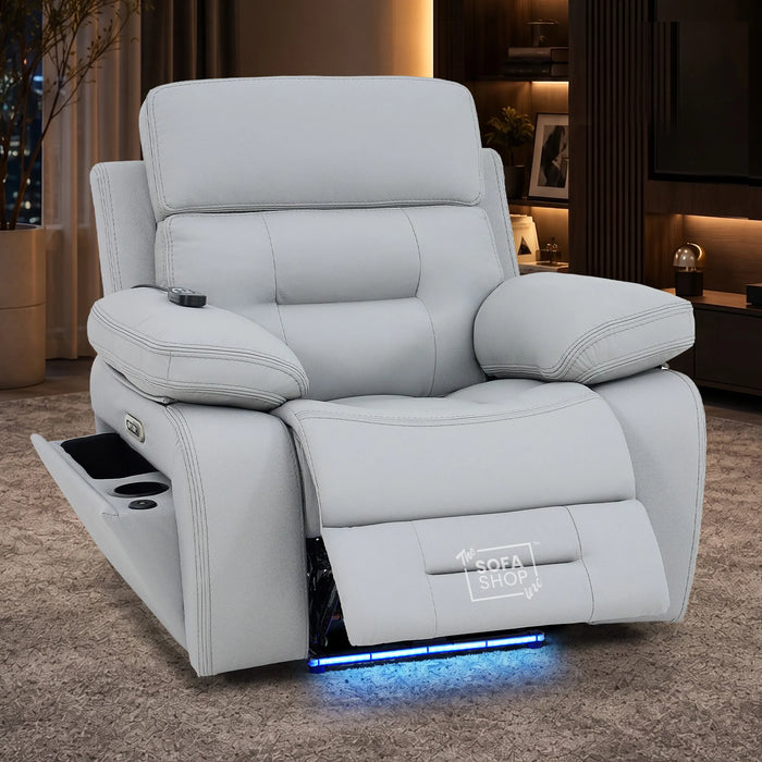 1 Seater Cinema Chair in Light Grey Genuine Leather | Hi-Tech Cinema Chair with Power Recline + Power Headrest + Vibration Massage + Heated Lumbar + Side Storage & Power Grommet | Sicily | The Sofa Shop