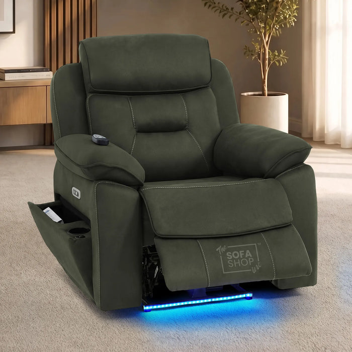 1 Seater Electric Recliner Chair in Green Fabric | Hi-Tech Chair with Vibration Massage + Heated Lumbar + Power Headrest + Power Grommet + USB+C Charging | Florence | The Sofa Shop