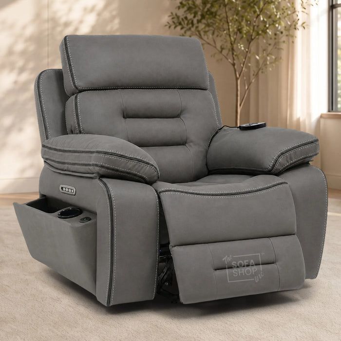 Electric Riser Chair In Graphite Grey Fabric | Hi-Tech Recliner Armchair With Vibration Massage + Heated Lumbar + Cooling Cup Holder + Power Headrest | Tuscany | The Sofa Shop