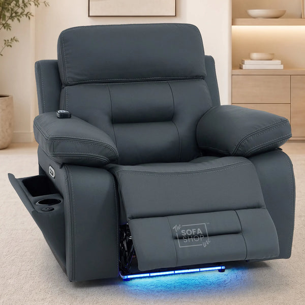 1 Seater Cinema Chair in Grey Genuine Leather | Hi-Tech Cinema Chair with Power Recline + Power Headrest + Vibration Massage + Heated Lumbar+ Power Grommet | Sicily | The Sofa Shop