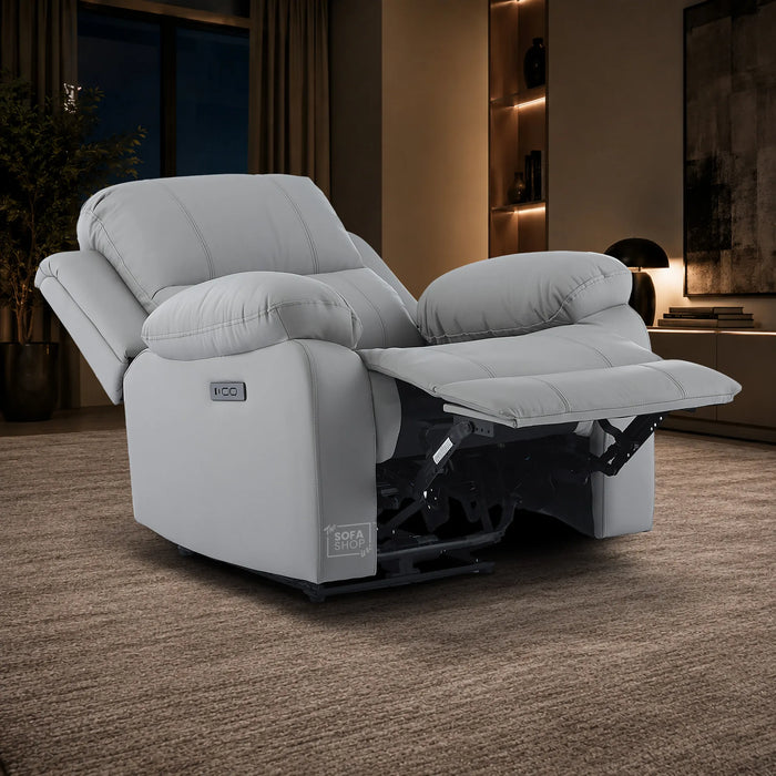 Trento Electric Recliner Chair in Light Grey Real Leather | Power Recline, Padded Armrests & Lumbar Support | The Sofa Shop