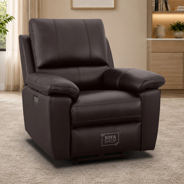 3+1 Electric Recliner Sofa Set In Dark Brown Real Leather | Recliner Sofa Suite With Power Recline + Drop-Down Table + Cup Holders + USB-C Charging | Trento | The Sofa Shop