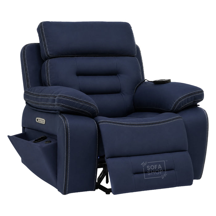 Electric Riser Chair In Blue Fabric | Hi-Tech Recliner Armchair With Vibration Massage + Heated Lumbar + Cooling Cup Holder + Power Headrest | Tuscany | The Sofa Shop