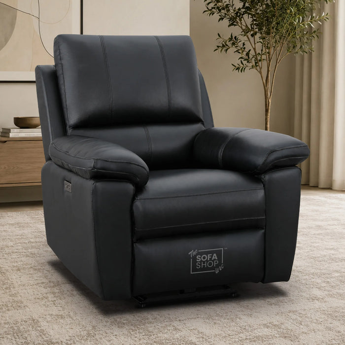 1 Seater Electric Recliner Chair In Black Real Leather | Hi-Tech Cinema Armchair With Power Recline + USB-C Charging + Padded Armrests + Lower Back Cushioning + Wall Hugging Design | Trento | The Sofa Shop