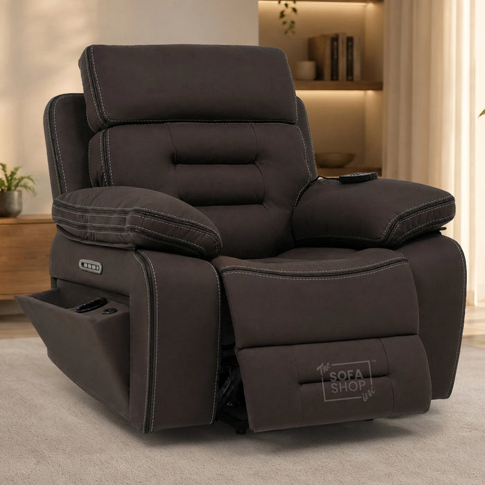 Tuscany Riser Recliner Chair | 1 Seater Dark Brown Fabric Electric Recliner Rising Armchair | Hi-Tech Lift Chair with Riser Function, Vibration Massage, Heated Lumbar  & Cooling Cup Holder + Power Grommet| The Sofa Shop