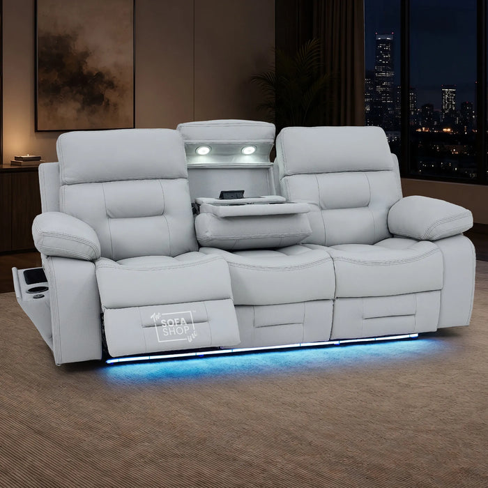 3 Seater Cinema Sofa in Light Grey Genuine Leather | Hi-Tech Couch with Power Recline + Power Headrests + Wireless Charging + Speakers | Sicily | The Sofa Shop