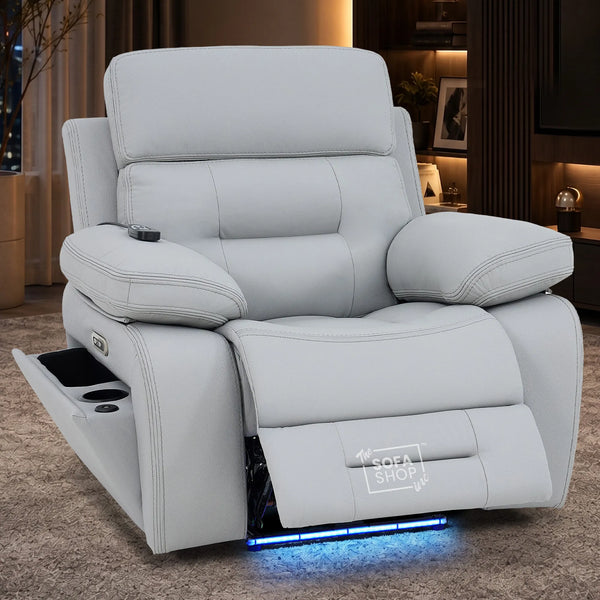 1 Seater Cinema Chair in Light Grey Genuine Leather | Hi-Tech Cinema Chair with Power Recline + Power Headrest + Vibration Massage + Heated Lumbar + Side Storage & Power Grommet | Sicily | The Sofa Shop