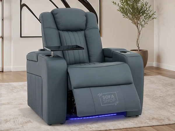Real Leather Recliner Chair In Blue with Power Headrest, Power Recline, Massage, USB Charging, LED Cup Holder & Tray Table | Capri