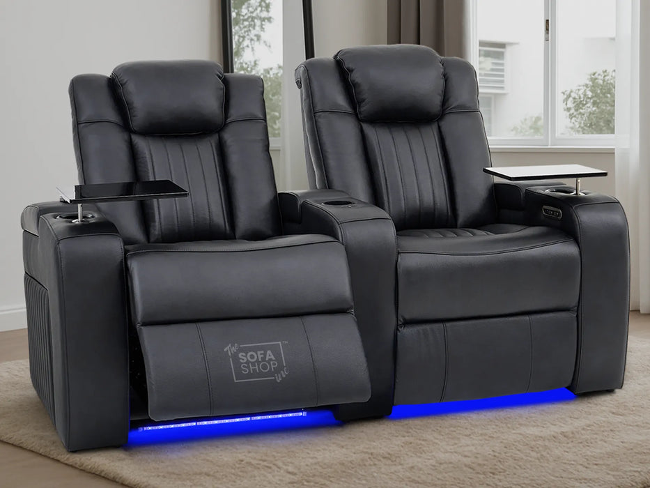 3+2 Electric Recliner Sofa Set | 2-Piece Real Leather Cinema Suite in Black with Console, Massage, Drink Holders & Storage Boxes | Capri | Sofa Shop