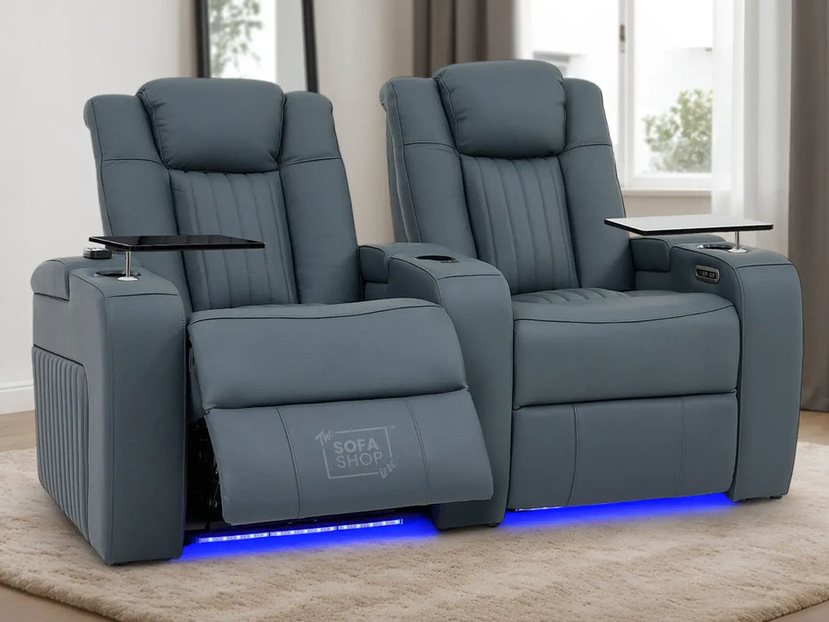 3+2+1 Real Leather Electric Recliner Sofa Set In Blue | Cinema Sofa Suite with Power Headrest, Drop-Down Table, Heating, Wireless Charging, Massage, USB Ports & LED Cup Holders | Capri