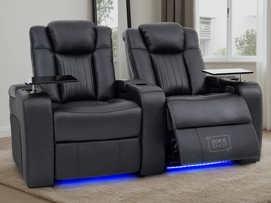 Real Leather 3+2+1 Power Reclining Sofa Set in Black | 3-Piece Cinema Sofa Suite with Console, Power Sockets, Cup Holders, Table & Massage | Capri