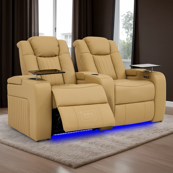 2 Seater Real Leather Power Recliner Sofa in Tan | Cinema Sofa with Console & USB Charging, Cup Holders, Storage, LED Lights & Massage | Capri