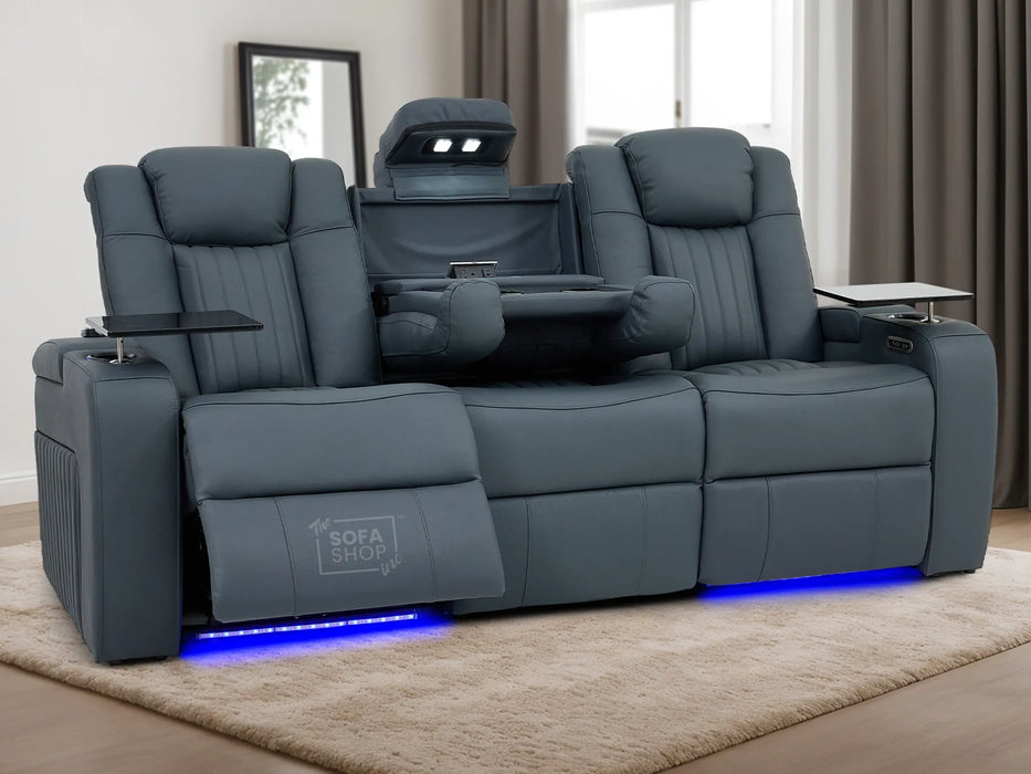Real Leather 3+1 Recliner Cinema Sofa Set In Blue with Power Headrest, Power Recliner, Drop-Down Table, Massage, LED Lights, USB Ports & Tray Tables | Cinema Sofa Set | Capri