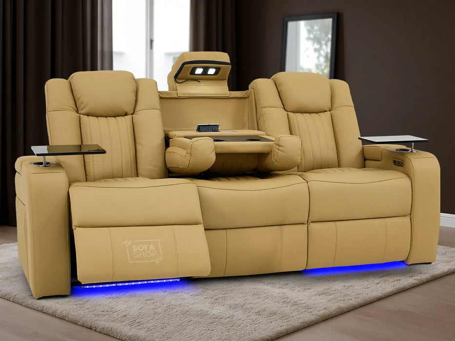 Real Leather 3+2 Smart Recliner Sofa Set in Tan | Power Reclining Sofa Suite with Drop-Down Table, Console, Massage, USB & LED | Capri | The Sofa Shop
