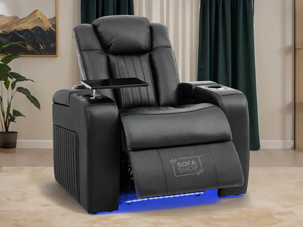 Real Leather Cinema Recliner Chair In Black | Power Seat with USB Charging, Electric Reclining, Massage & Table | Capri