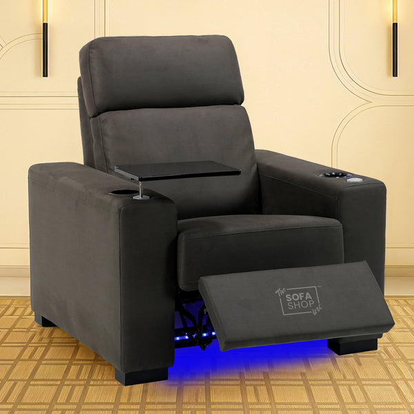 Fabric Cinema Armchair with Electric Reclining, Power Recliner, Lumbar Support, 2 Cup Holders, USB Charging & Tray Table | Hi-Tech Grey Fabric Chair | Palmero | Sofa Shop