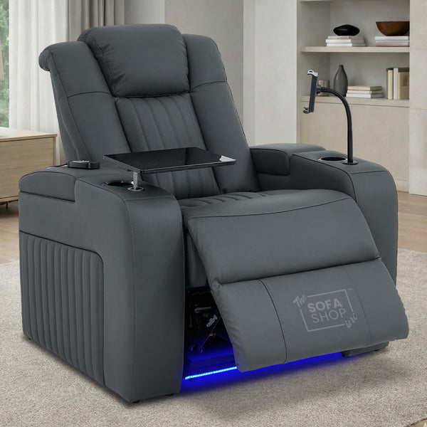 Real Leather Recliner Chair & Cinema Seat in Grey | Electric Armchair with Massage, Heating, LED Cup Holders, Table & USB Ports | Capri