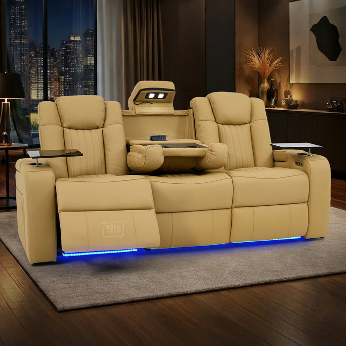 3 Seater Real Leather Power Recliner Sofa in Tan | Cinema Sofa with USB Charging, Cup Holders, Heating, Storage, LED Lights & Massage | Capri | The Sofa Shop
