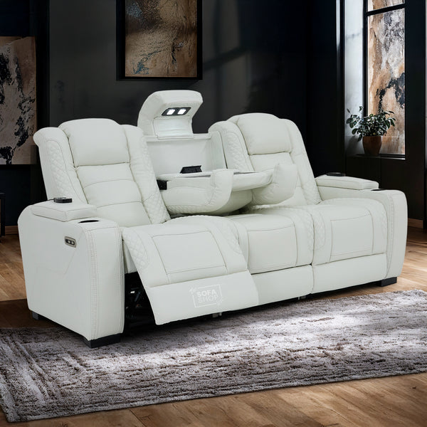 3 Seater Real Leather Electric Recliner Sofa with Fold-Down Table, Massage, USB, Storage & Cupholders | White Genuine Leather | Napoli