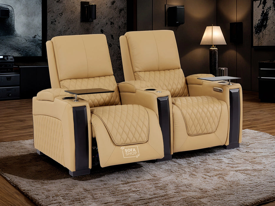 2 Seat Real Leather Electric Recliner Home Cinema Theatre Sofa | Couch in Tan + Plush Armrests + Easy To Clean Leather | Assisi | The Sofa Shop