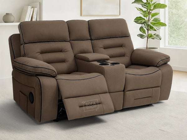 2 Seater Electric Recliner Cinema Sofa in Brown Fabric | Hi-Tech Sofa with USB, Speakers, Power Headrest, Storage Console & Chilled Cup Holders | Tuscany | The Sofa Shop