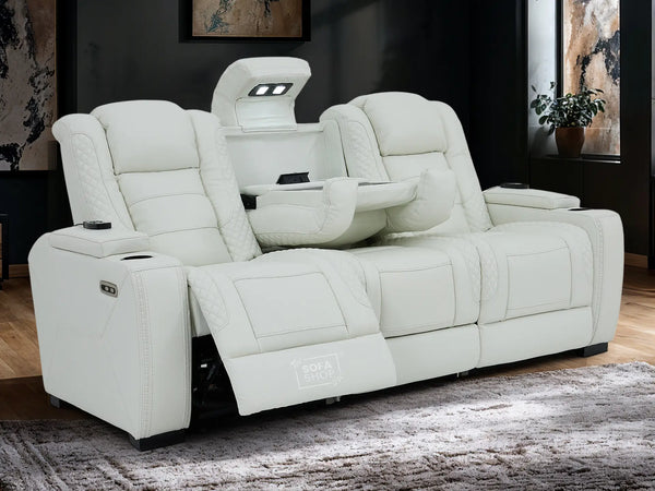 3 Seater Real Leather Electric Recliner Sofa with Fold-Down Table, Massage, USB, Storage & Cupholders | White Genuine Leather | Napoli