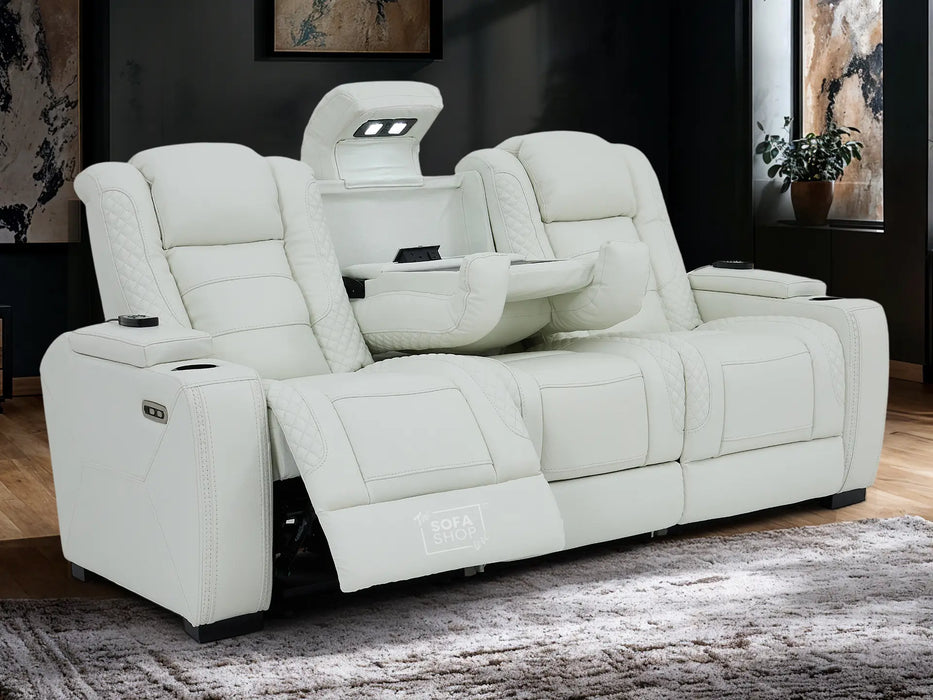 3 Seater Real Leather Electric Recliner Sofa with Fold-Down Table, Massage, USB, Storage & Cupholders | White Genuine Leather | Napoli
