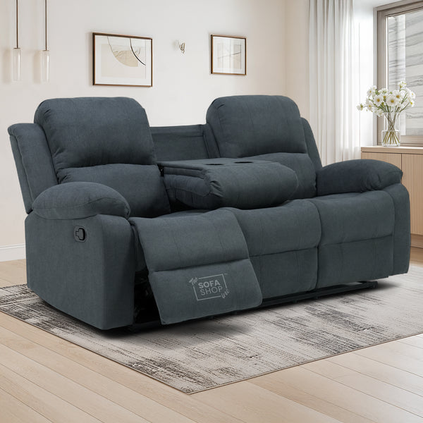 3 Seater Recliner Sofa in Dark Grey Fabric with Drop-Down Table & Cup Holders | Comfortable & Family-Friendly Sofa | Trento