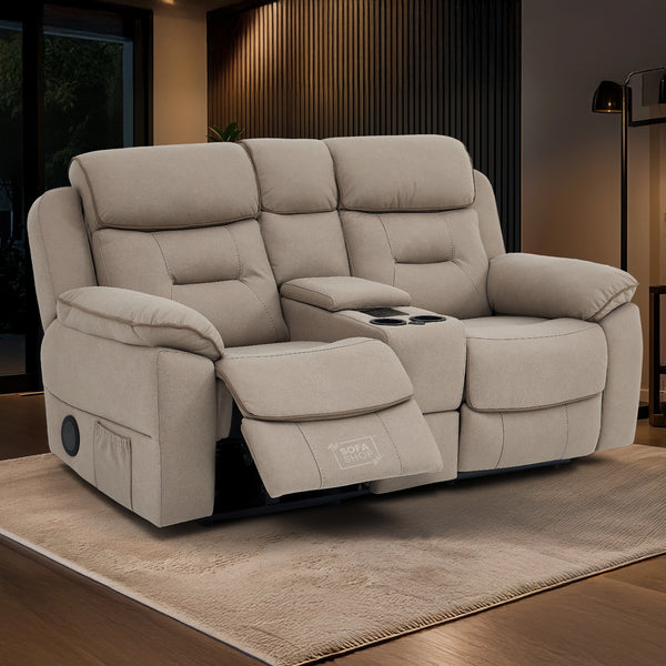 2 Seat Electric Recliner Home Cinema Sofa | Fabric Couch In Beige | Hi-Tech Sofa with Chilled Cup Holders + Wireless Chargin + Console + USB | Florence
