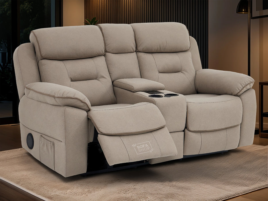 2 Seat Electric Recliner Home Cinema Sofa | Fabric Couch In Beige | Hi-Tech Sofa with Chilled Cup Holders + Console + USB | Florence