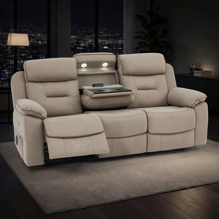 3 Seater Electric Recliner Cinema Sofa in Beige Fabric | Power Recliners with USB+C, Massage, Bluetooth Speaker, Fold-Down Table & Storage | Florence Series One