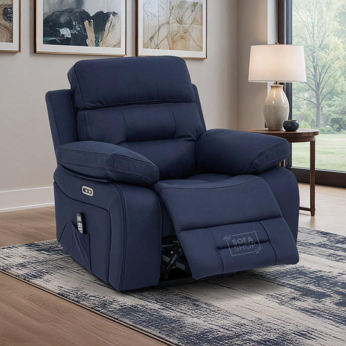 Electric Recliner Chair In Blue Resillience Fabric | Hi-Tech Cinema Seat with Power Headrest, Massage, Power Recliner & USB Charging Button | Sicily