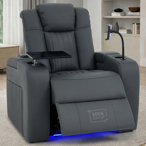 Real Leather Recliner Chair & Cinema Seat in Grey | Electric Armchair with Massage, Heating, LED Cup Holders, Table & USB Ports | Capri