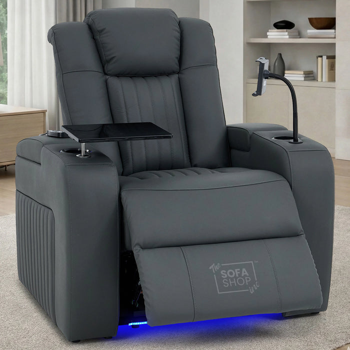 Real Leather Recliner Chair & Cinema Seat in Grey | Electric Armchair with Massage, Heating, LED Cup Holders, Table & USB Ports | Capri
