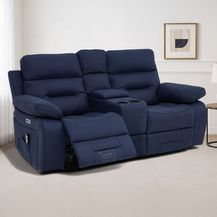 2 Seater Electric Recliner Cinema Sofa in Blue Resillience Fabric | Hi-Tech Cinema Seats with Massage, Console, Power Headrest, Power Recliner, Storage Drawer & USB Ports | Sicily