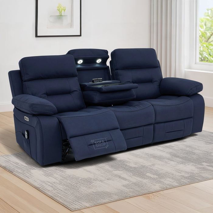 3 Seater Electric Recliner Cinema Sofa in Blue Resillience Fabric | Hi-Tech Cinema Seats with Massage, Drop-Down Table, LED Reading Light, Power Headrest, Power Recliner, Storage Drawer, USB & Wireless Charging | Sicily